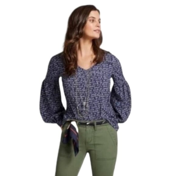 Cabi Te Amo Printed‎ Balloon Sleeve Blouse S Blue Top - Picture 8 of 11